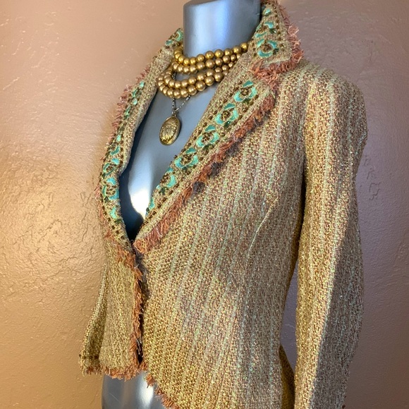 True Meaning Gold Embellished Beaded Fringed Embroidered Tweed Blazer.  Sz 2 - Picture 4 of 7